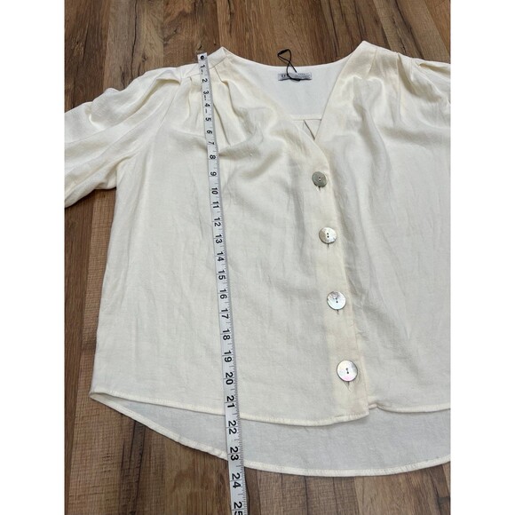 NWOT TRF ZARA Blouse Sz XSmall‎ Linen Blend Puff Sleeve Iridescent Shell Buttons - Picture 8 of 9